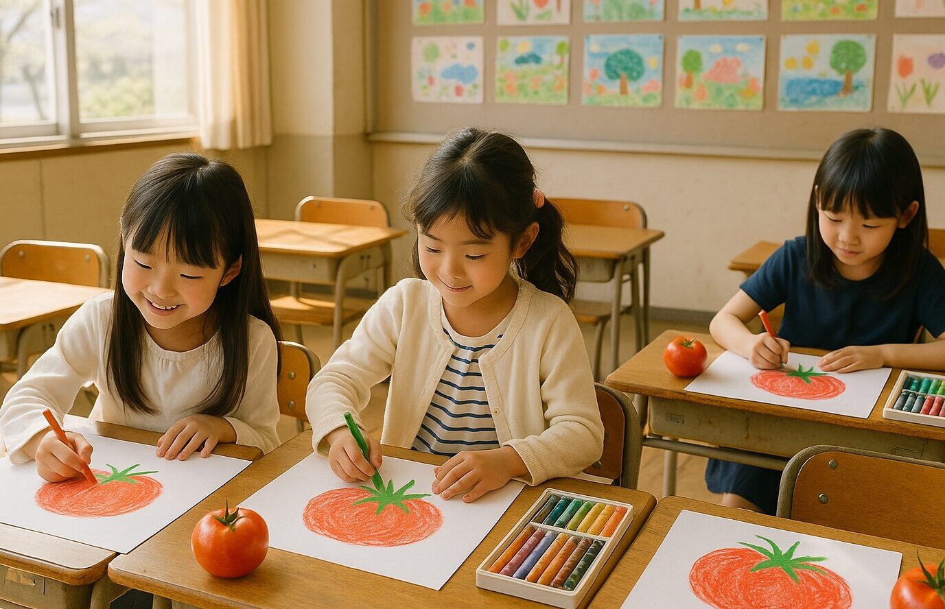 小学校でトマトを書く画像